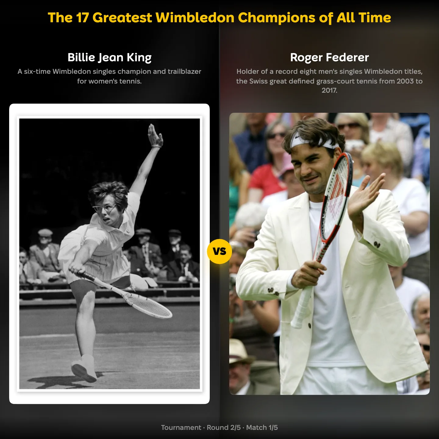 The greatest Wimbledon champions of all time ranked, with Billie Jean King against Roger Federer