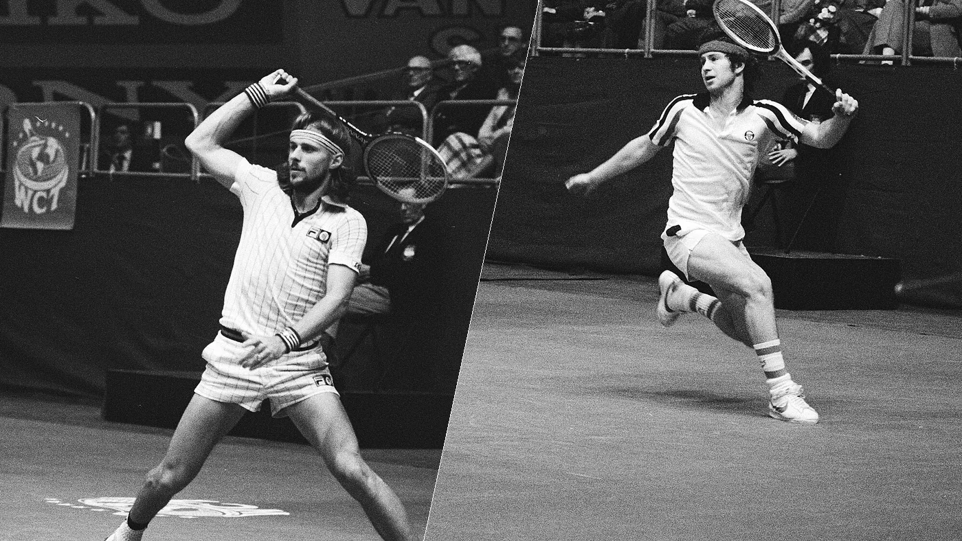 Björn Borg and John McEnroe in action at the ABN tennis tournament final in Rotterdam, April 1979