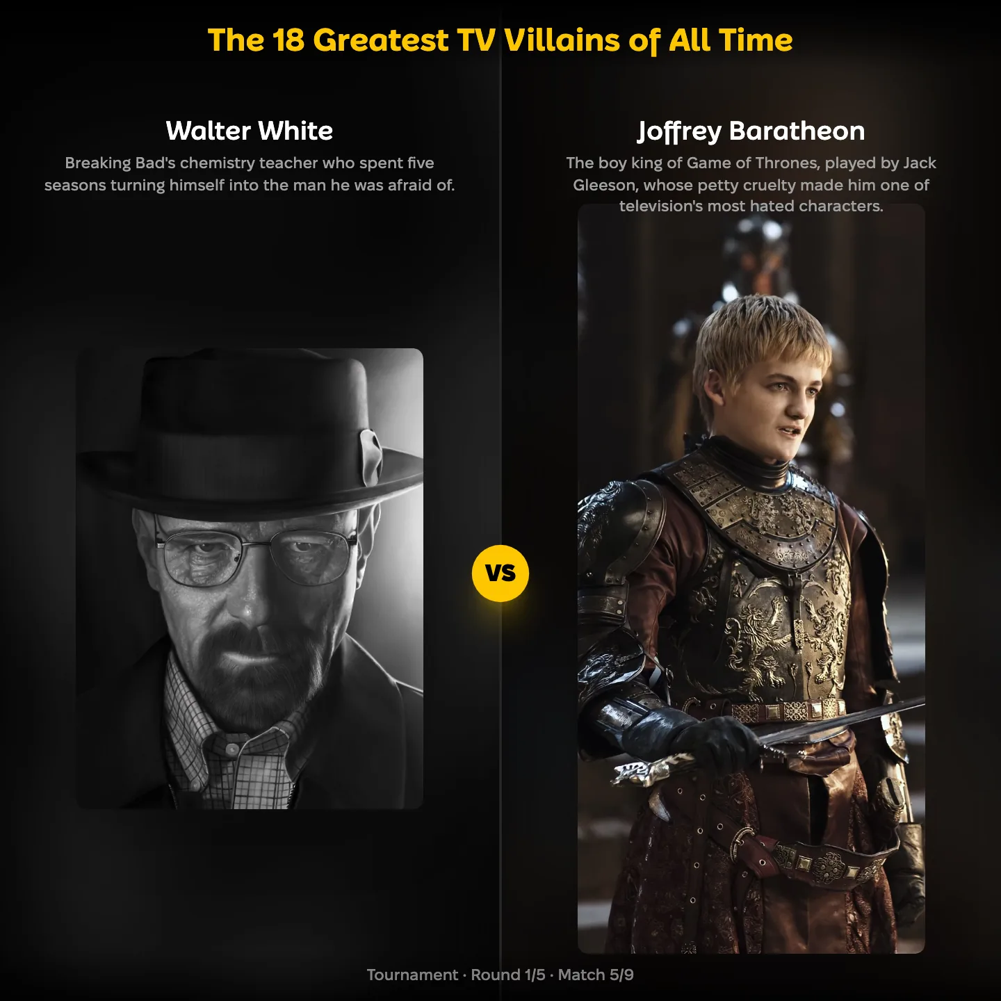 The greatest TV villains ranked, Walter White against Joffrey Baratheon