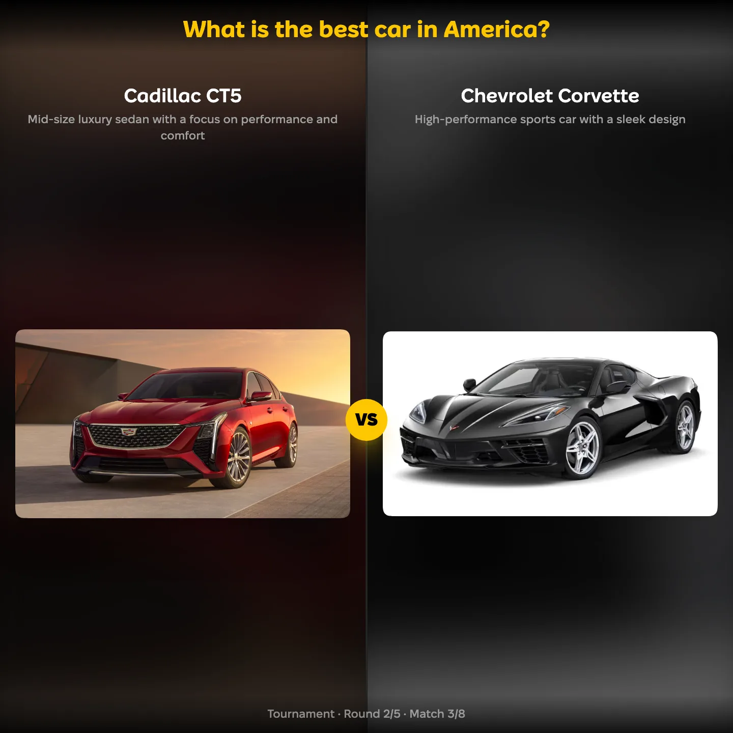 Matchup screen from the ranking What is the best car in America: Cadillac CT5 against Chevrolet Corvette