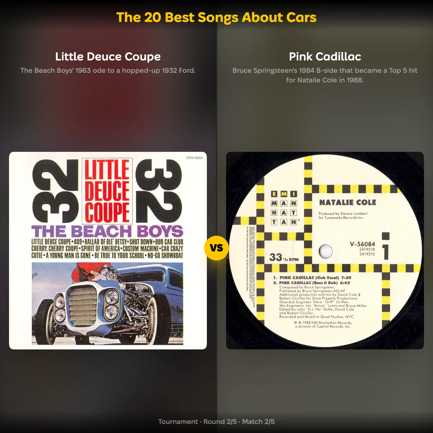 Matchup screen from the ranking The 20 Best Songs About Cars: Little Deuce Coupe against Pink Cadillac