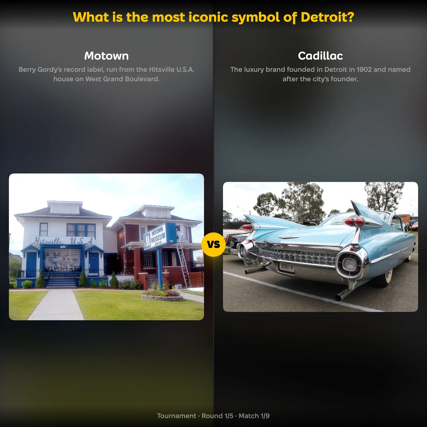 Matchup screen from the ranking What is the most iconic symbol of Detroit: Motown against Cadillac