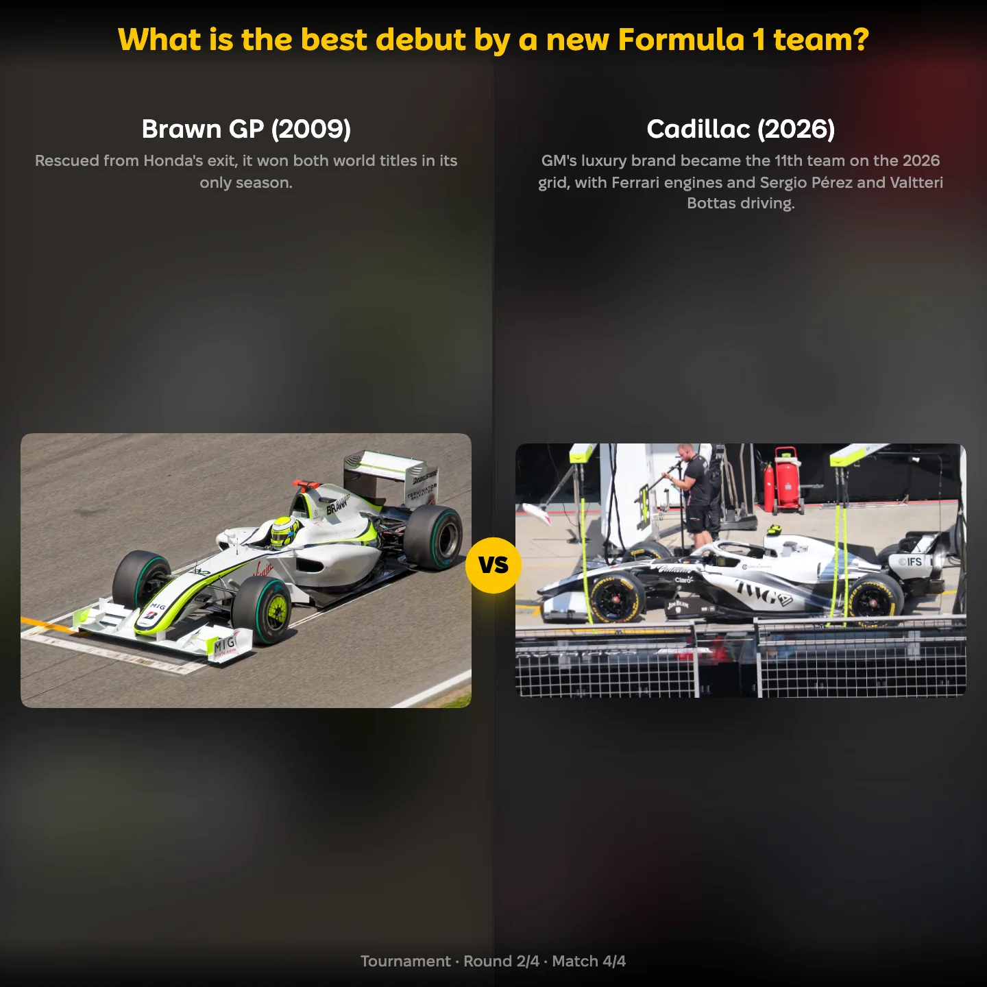 Matchup screen from the ranking What is the best debut by a new Formula 1 team: Brawn GP against Cadillac