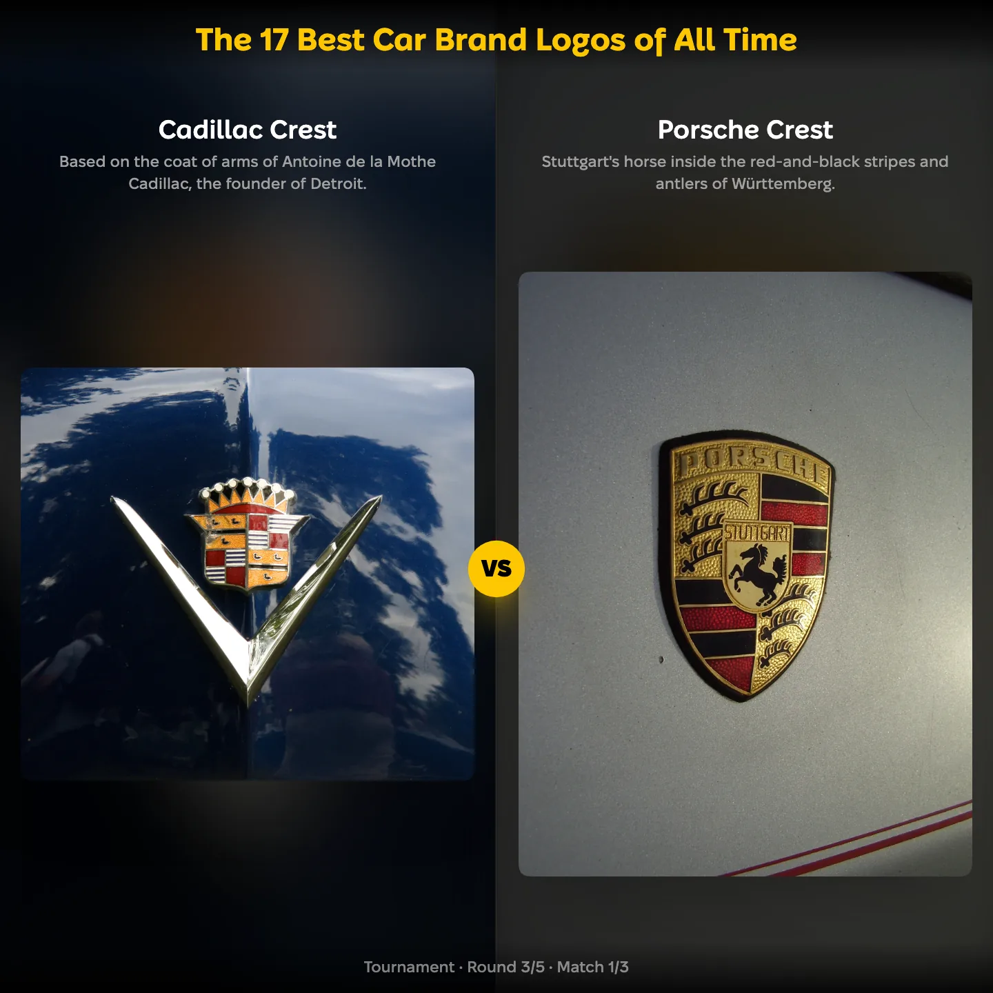 Matchup screen from the ranking The 17 Best Car Brand Logos of All Time: the Cadillac crest against the Porsche crest
