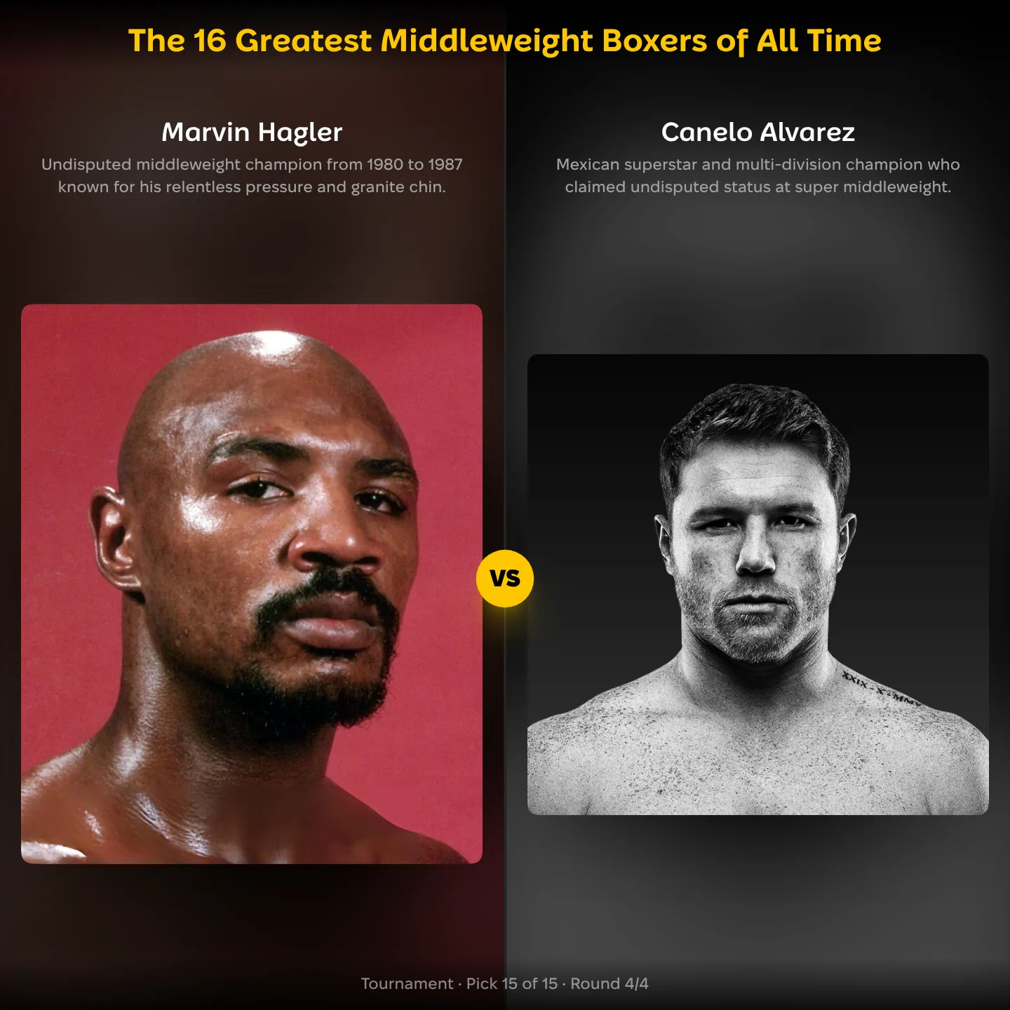 The 16 greatest middleweight boxers of all time ranked, with Canelo Álvarez against Marvin Hagler