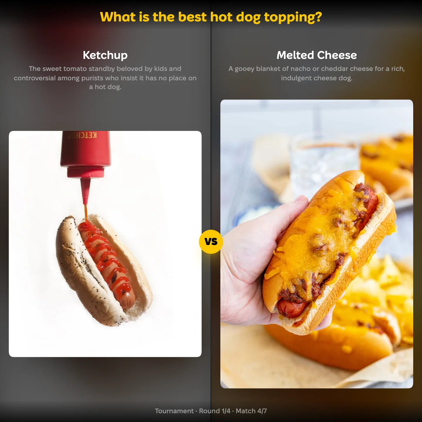 The best hot dog topping ranked, Ketchup against Melted Cheese