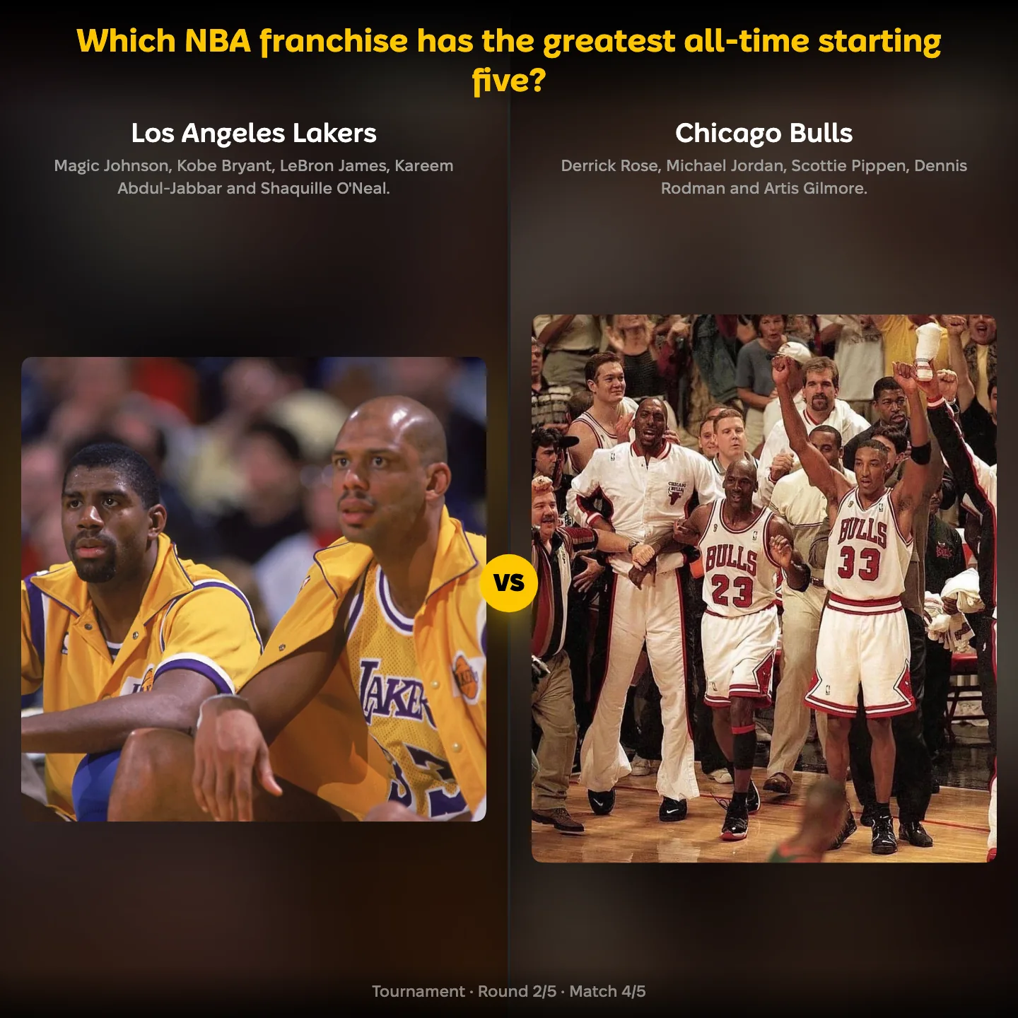 Which NBA franchise has the greatest all-time starting five, with the Los Angeles Lakers against the Chicago Bulls