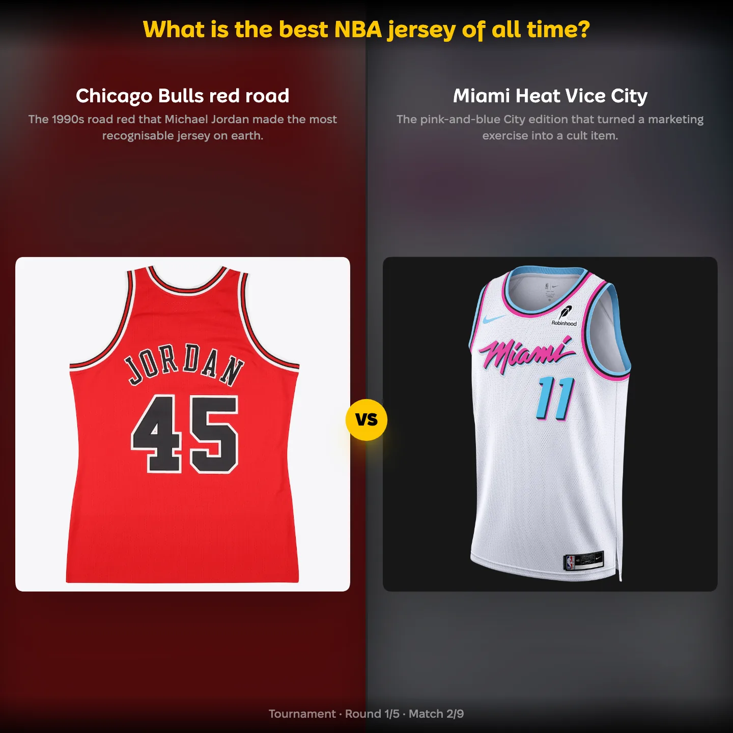 The best NBA jersey of all time ranked, with the Chicago Bulls red road jersey against the Miami Heat Vice City edition