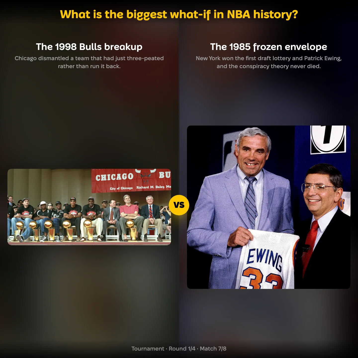 The biggest what-if in NBA history ranked, with the 1998 Chicago Bulls breakup against the 1985 frozen envelope draft lottery