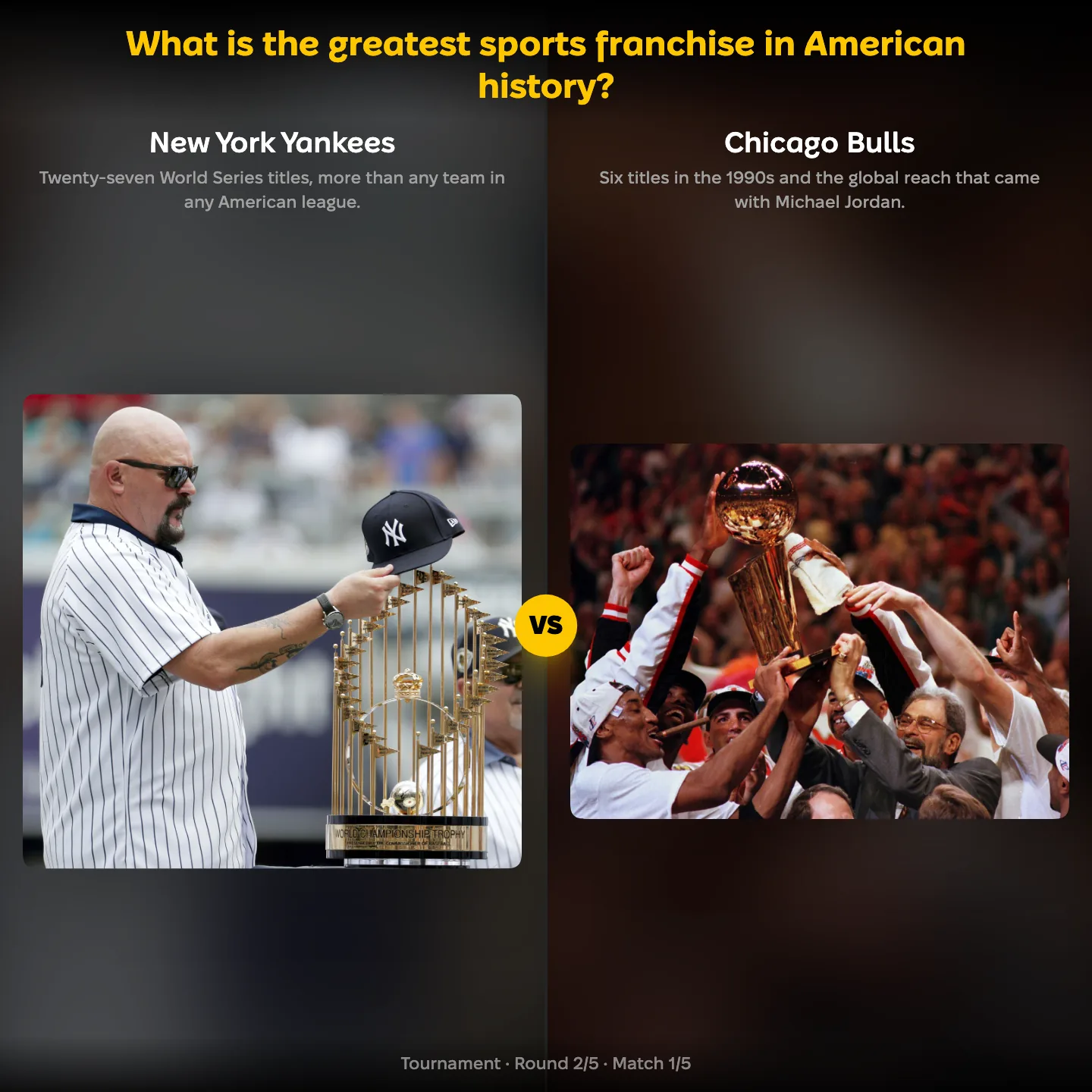 The greatest sports franchise in American history ranked, with the New York Yankees against the Chicago Bulls