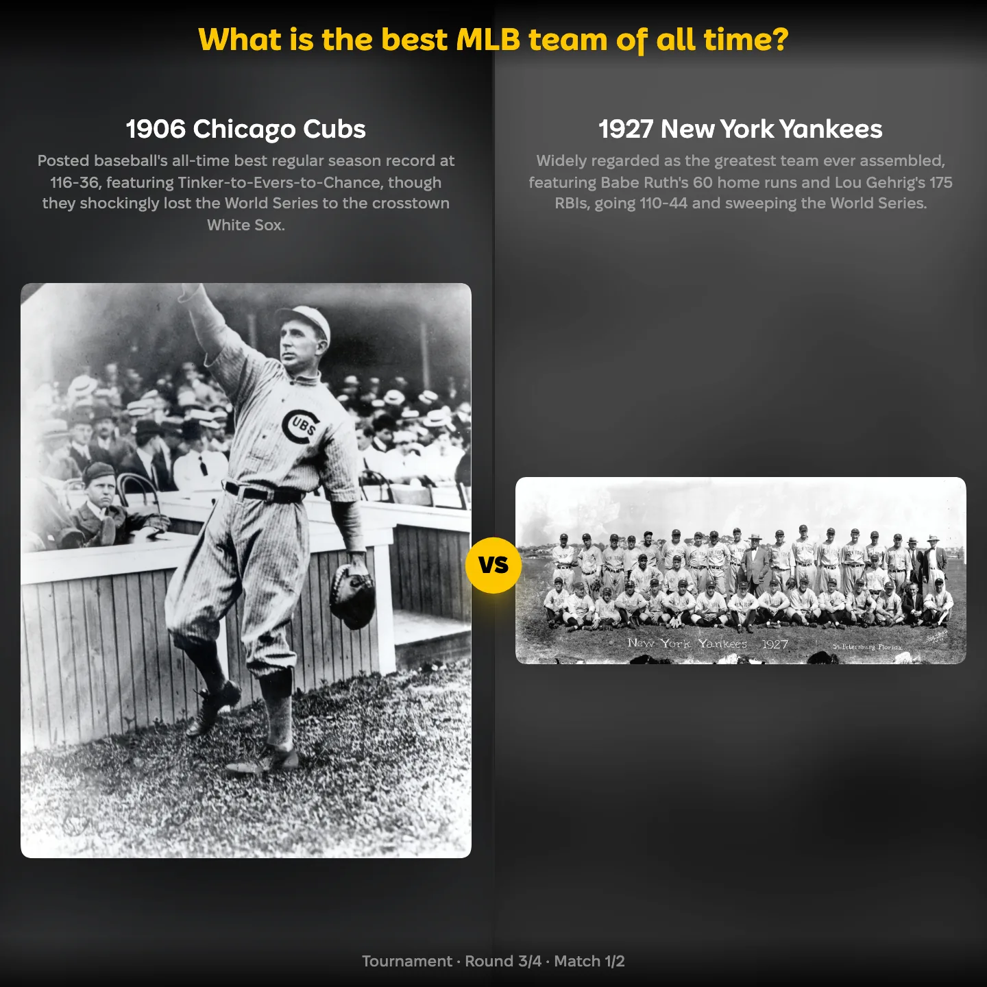 The best MLB team of all time, ranked — the 1906 Chicago Cubs against the 1927 New York Yankees