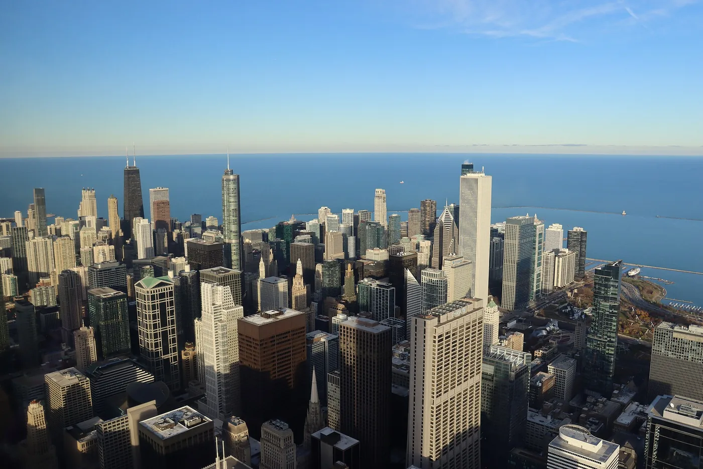 The Chicago Loop and Lake Michigan seen from above