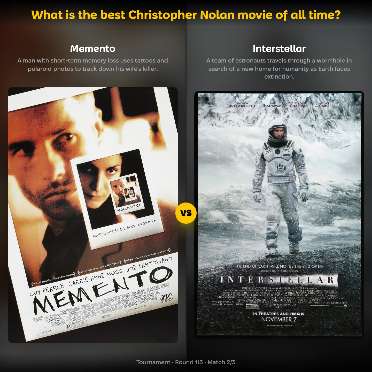 The best Christopher Nolan movie of all time ranked, with Memento against Interstellar