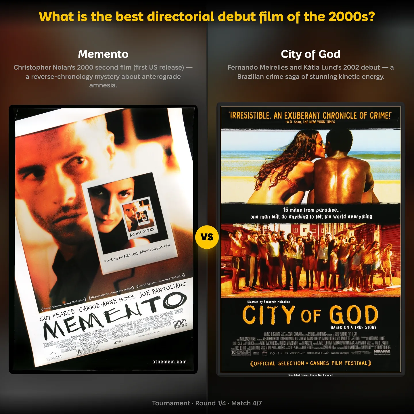 The best directorial debut film of the 2000s ranked, with Memento against City of God