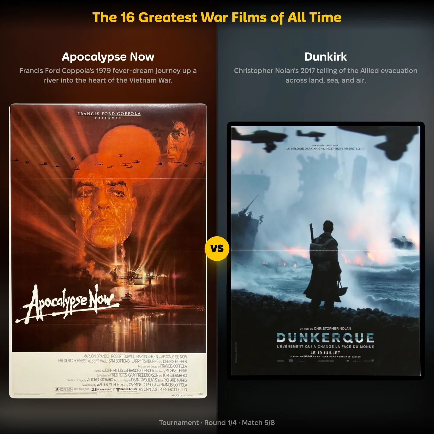 The 16 greatest war films of all time ranked, with Apocalypse Now against Dunkirk