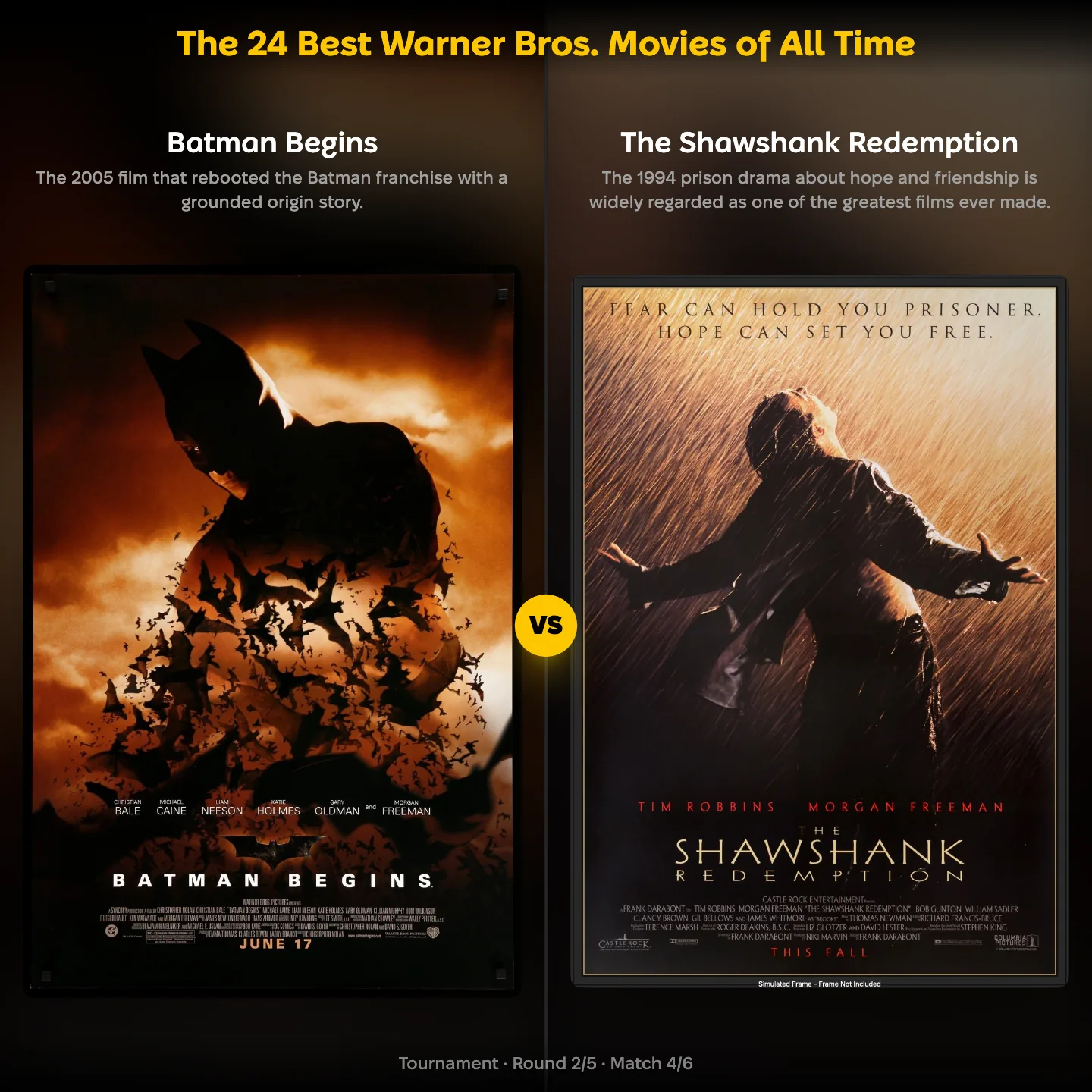 The 24 best Warner Bros movies of all time ranked, with Batman Begins against The Shawshank Redemption