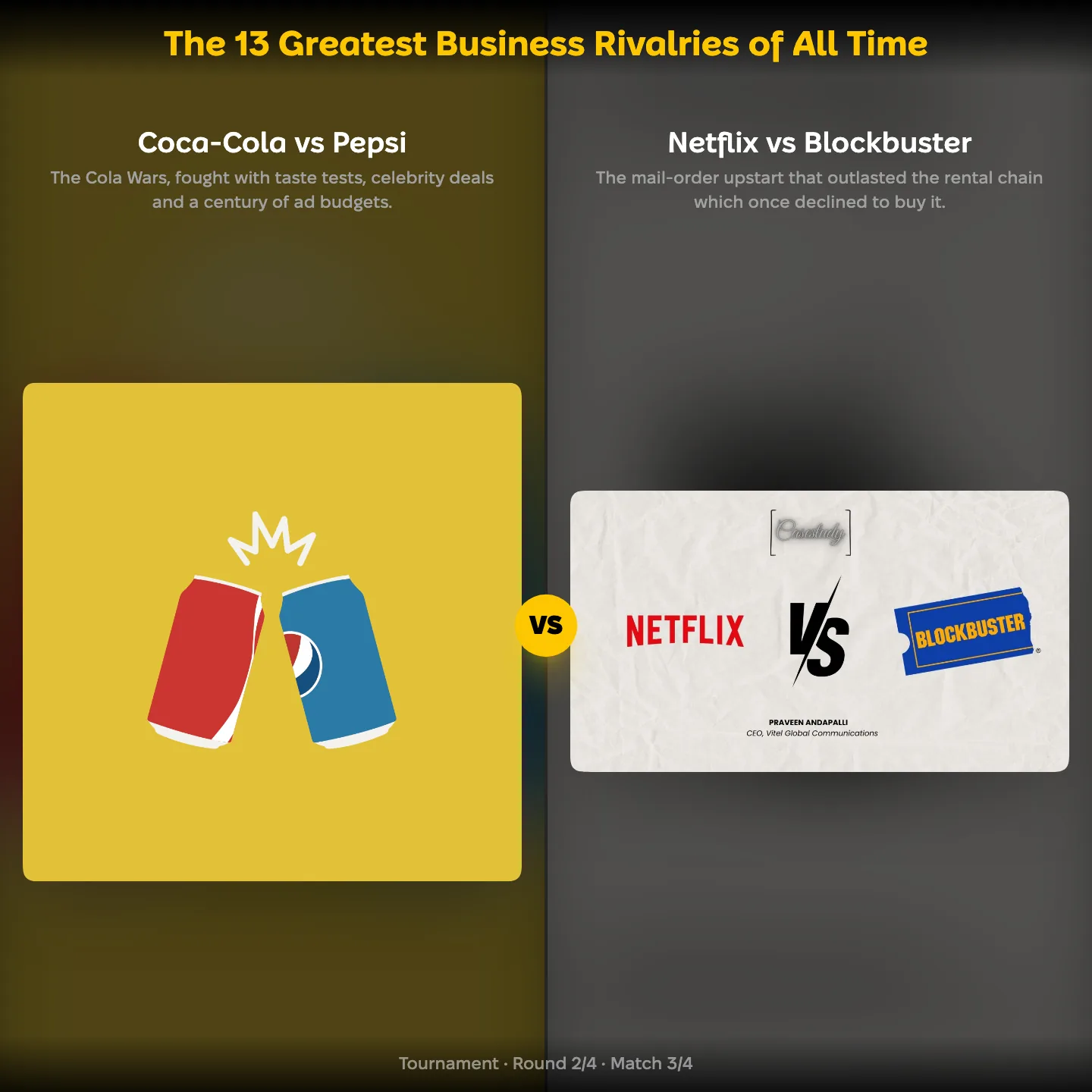 Coca-Cola vs Pepsi against Netflix vs Blockbuster in a ranking of the greatest business rivalries