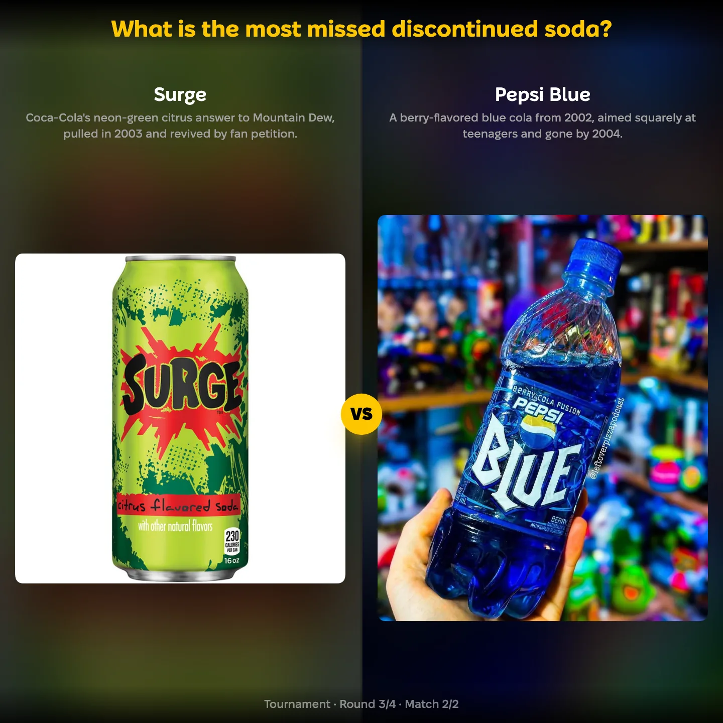 Surge against Pepsi Blue in a ranking of the most missed discontinued soda