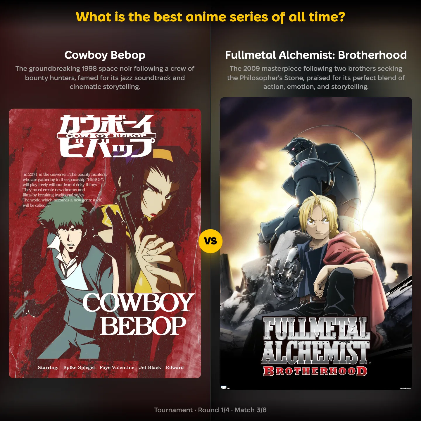 Cowboy Bebop vs Fullmetal Alchemist: Brotherhood in the best anime series of all time ranking