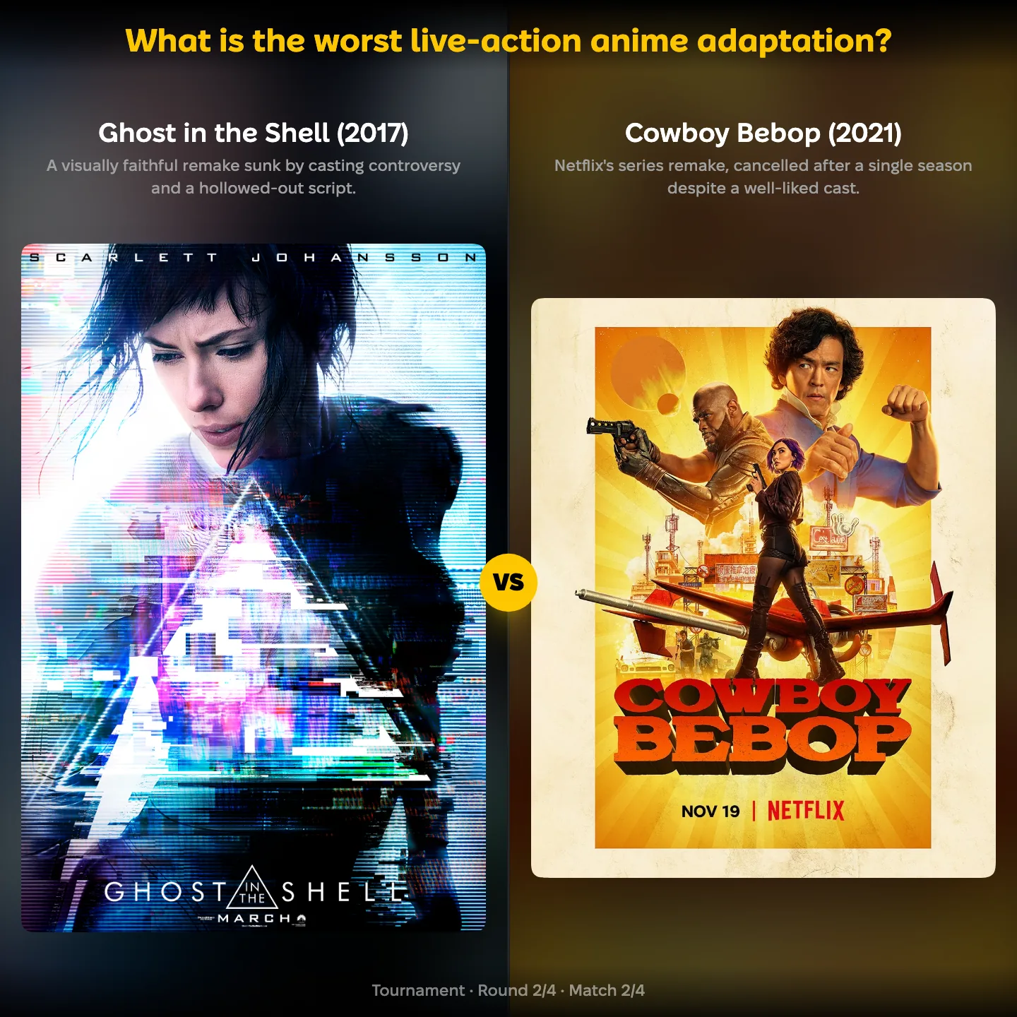 Ghost in the Shell (2017) vs Netflix's Cowboy Bebop (2021) in the worst live-action anime adaptation ranking