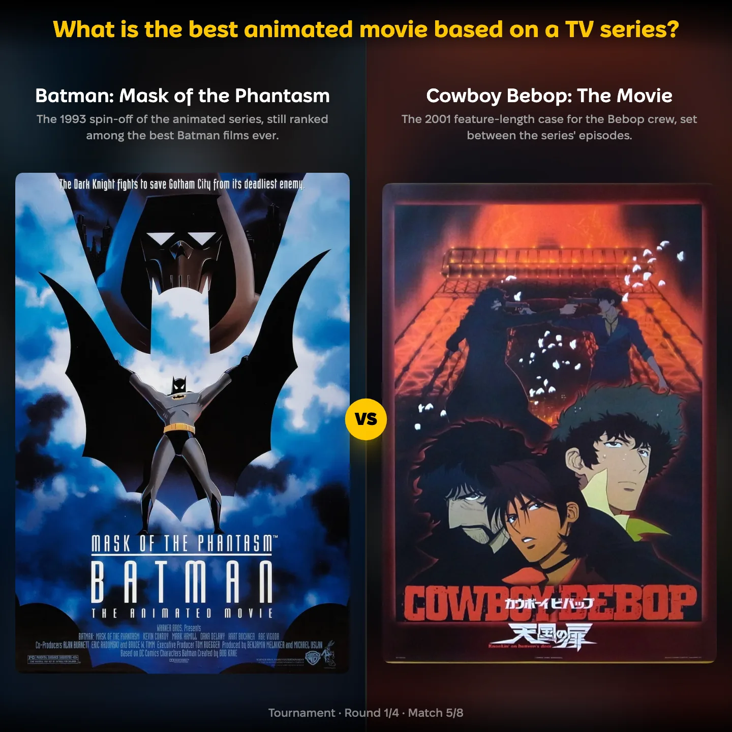 Batman: Mask of the Phantasm vs Cowboy Bebop: The Movie in the best animated movie based on a TV series ranking