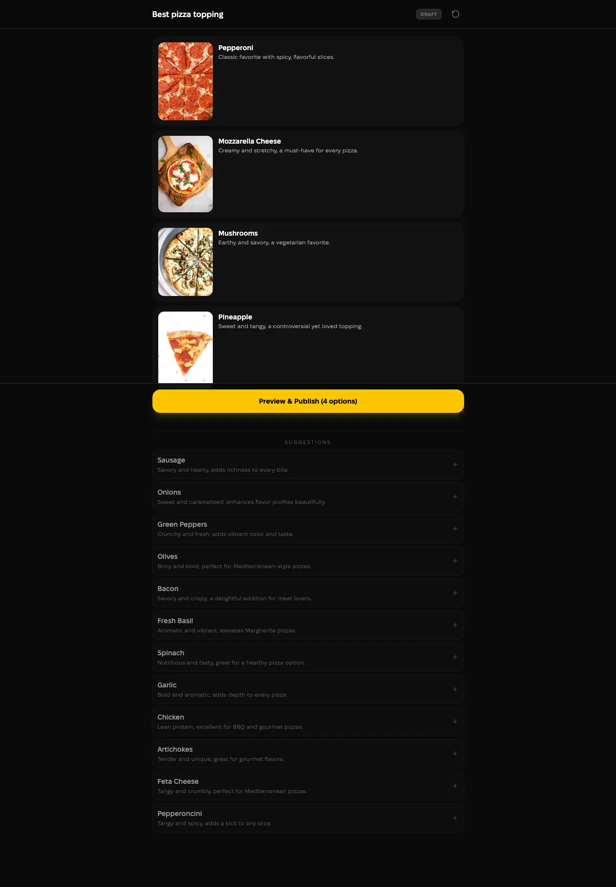The options step showing four added pizza topping cards with images and a list of AI-generated suggestions below