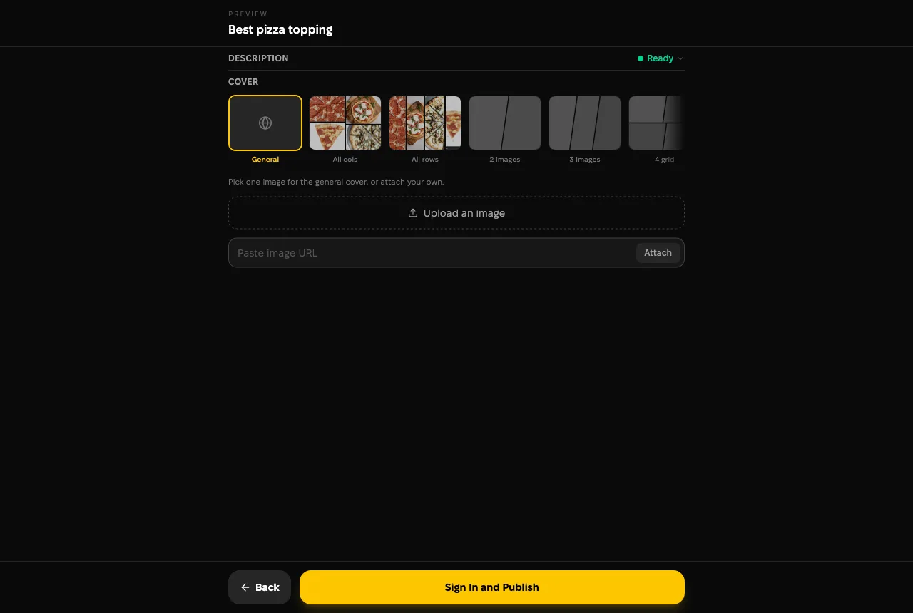 The preview and publish step with a description, cover layout options, and a Sign In and Publish button