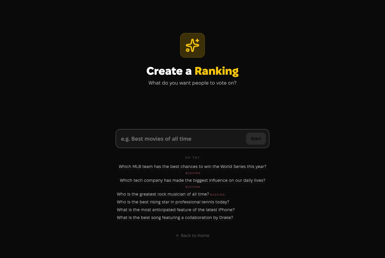 The Create a Ranking start screen with a question input and trending topic suggestions