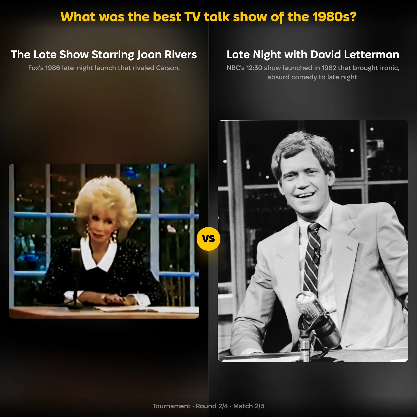 Ranking matchup: Late Night with David Letterman vs The Late Show Starring Joan Rivers in the best 1980s talk show ranking