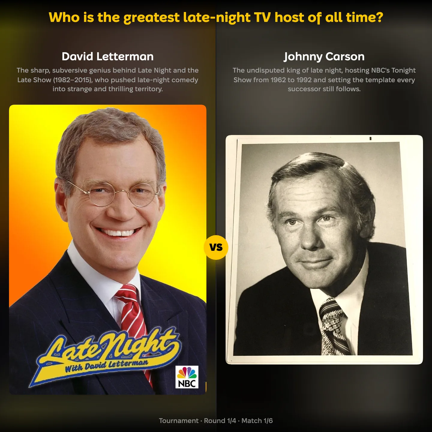 Ranking matchup: David Letterman vs Johnny Carson in the greatest late-night TV host ranking