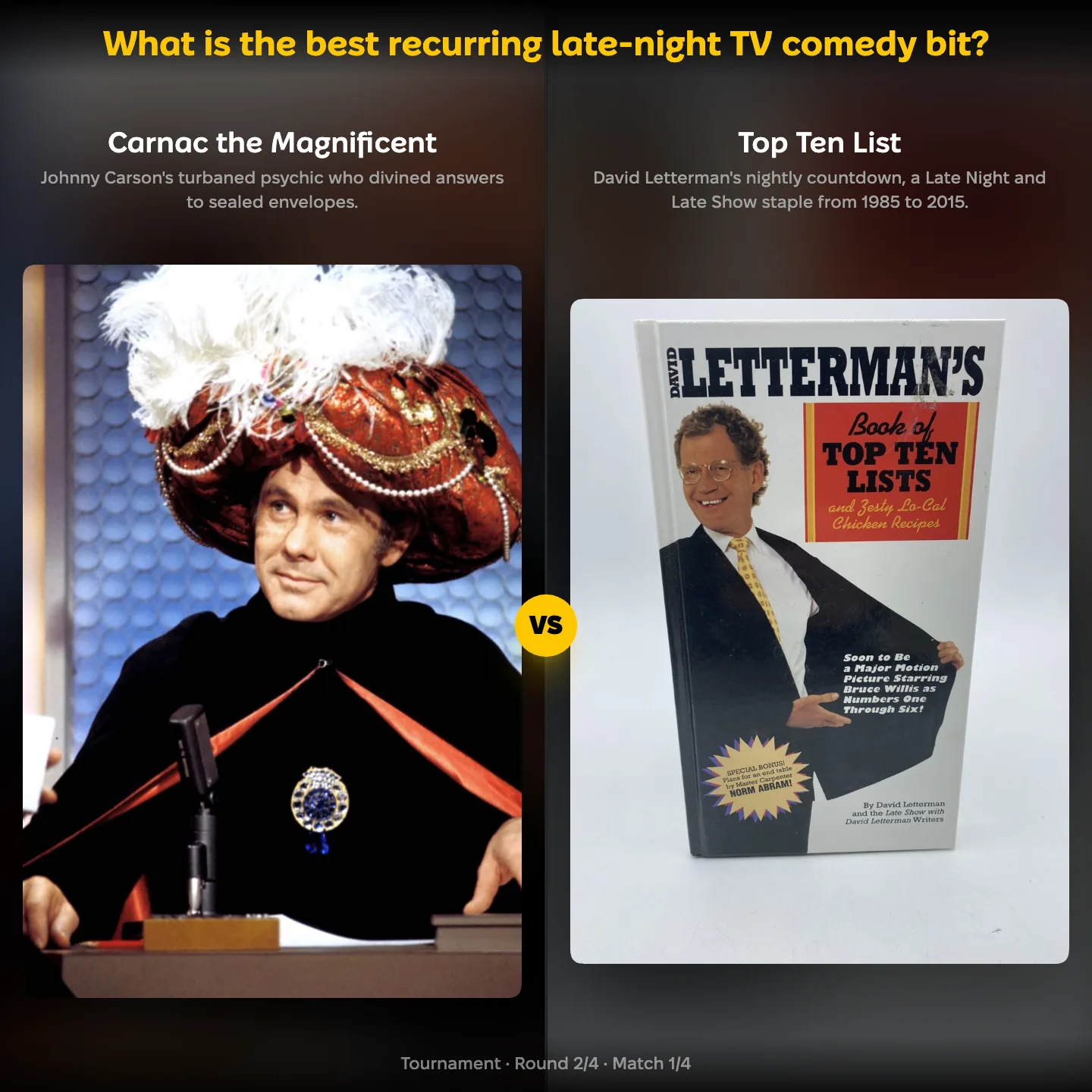 Ranking matchup: Top Ten List vs Carnac the Magnificent in the best recurring late-night comedy bit ranking