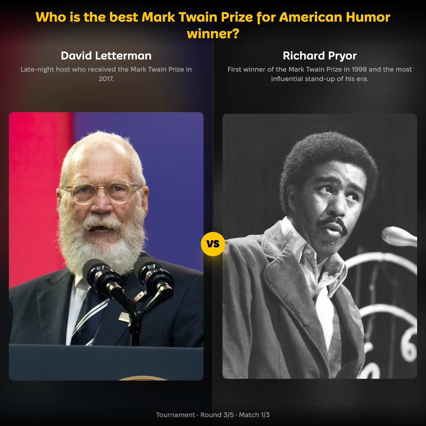 Ranking matchup: David Letterman vs Richard Pryor in the best Mark Twain Prize winner ranking