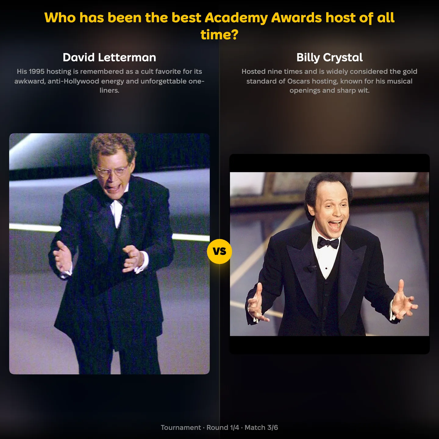 Ranking matchup: David Letterman vs Billy Crystal in the best Academy Awards host ranking
