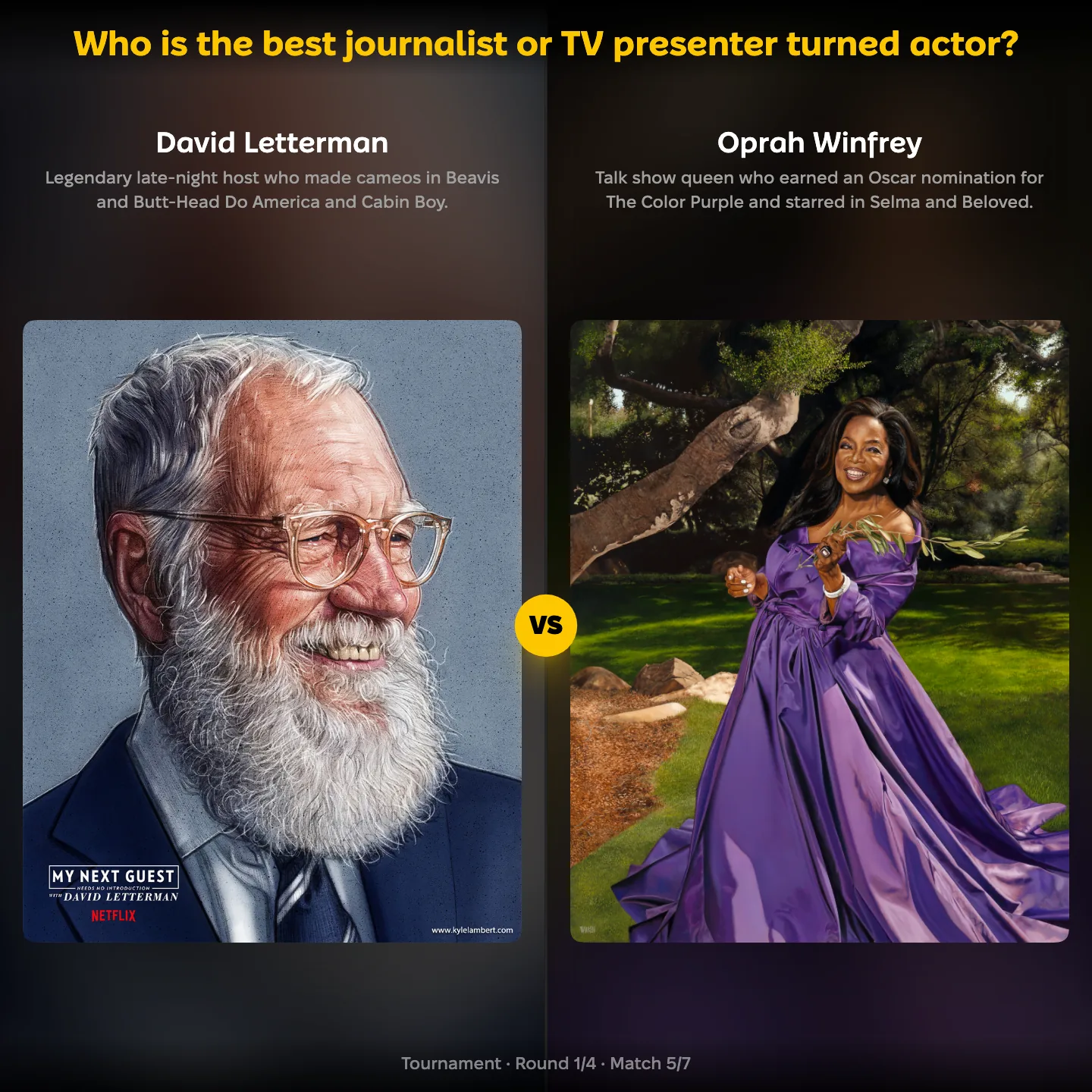 Ranking matchup: David Letterman vs Oprah Winfrey in the best TV presenter turned actor ranking