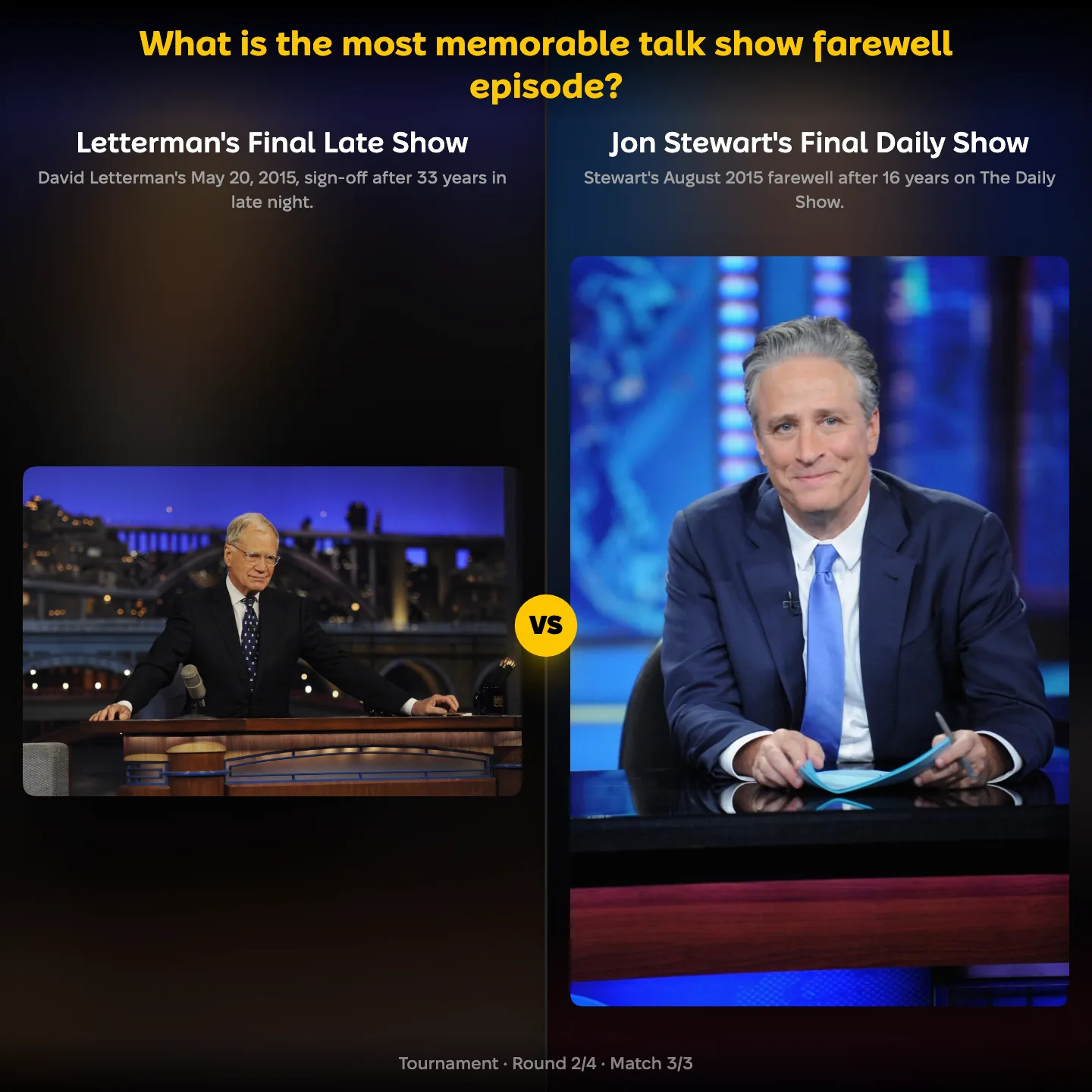 Ranking matchup: Letterman's Final Late Show vs Jon Stewart's Final Daily Show