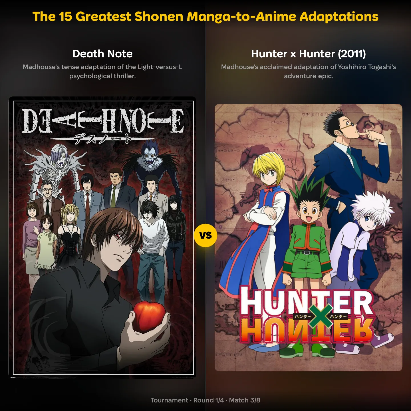 Death Note against Hunter x Hunter 2011 in the 15 greatest shonen manga-to-anime adaptations ranking
