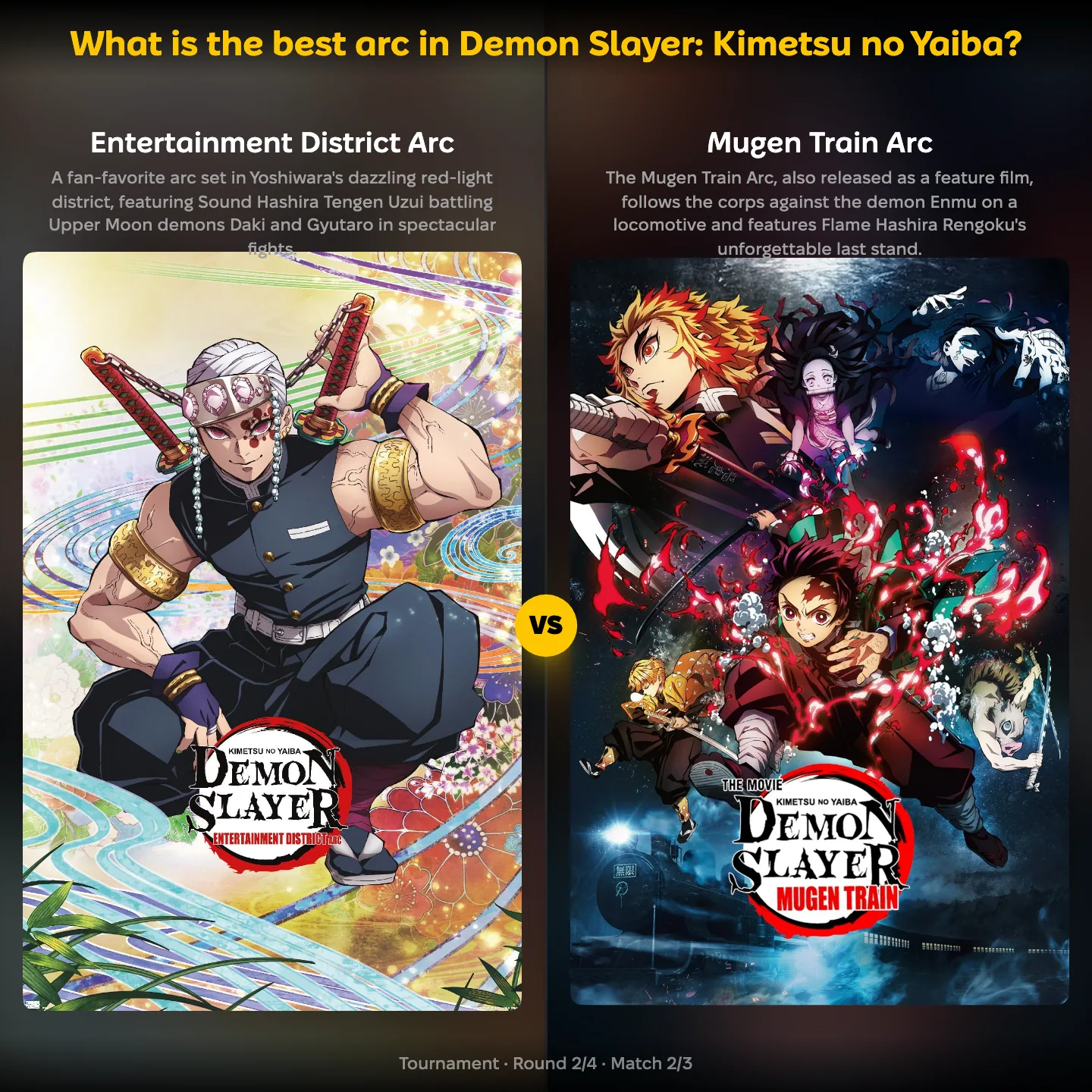 What is the best arc in Demon Slayer: Kimetsu no Yaiba on YouPickBest, showing the Entertainment District Arc against the Mugen Train Arc