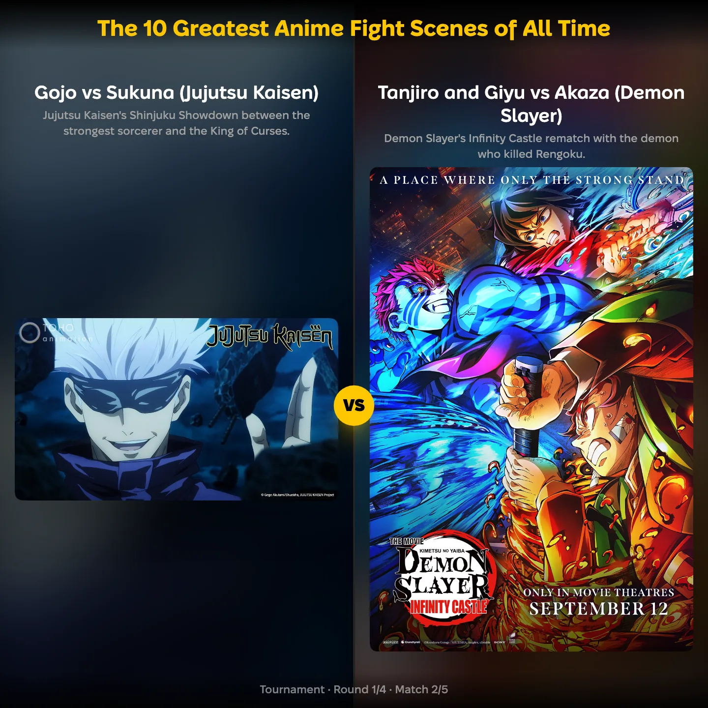 The 10 Greatest Anime Fight Scenes of All Time on YouPickBest, showing Gojo vs Sukuna against Tanjiro and Giyu vs Akaza