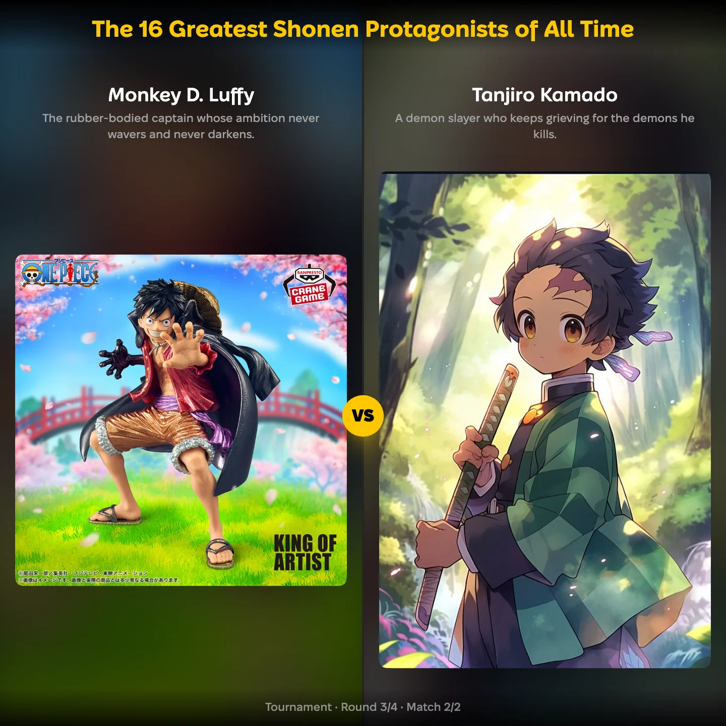 The 16 Greatest Shonen Protagonists of All Time on YouPickBest, showing Monkey D. Luffy against Tanjiro Kamado