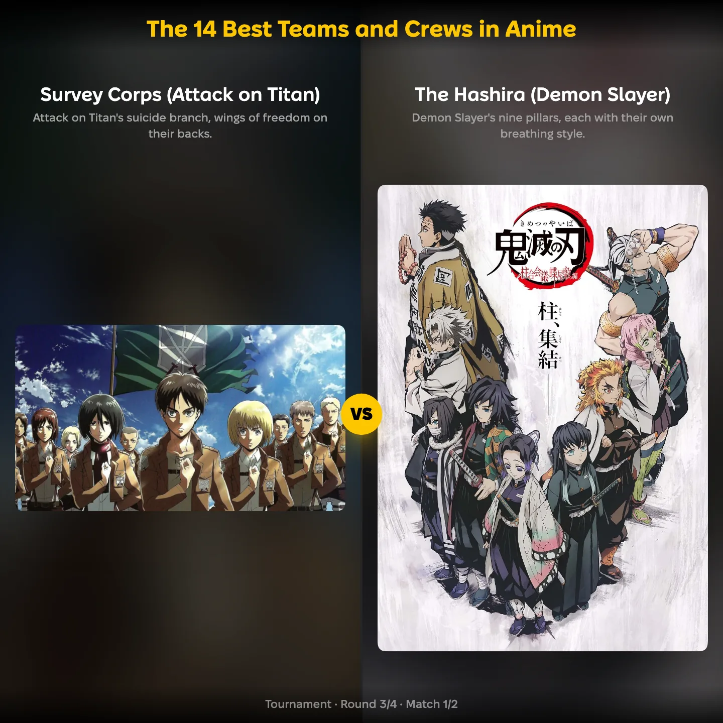The 14 Best Teams and Crews in Anime on YouPickBest, showing the Survey Corps against the Hashira
