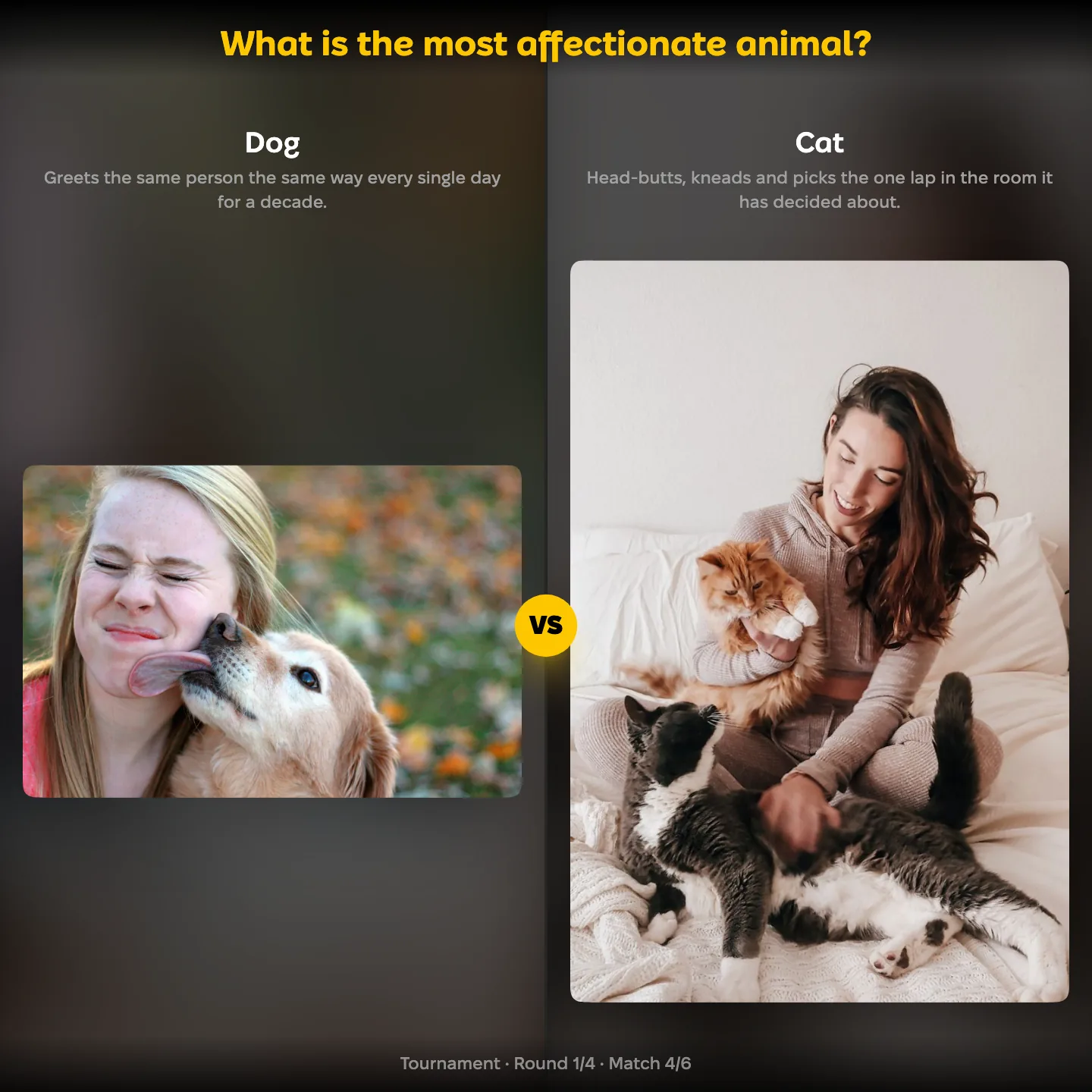 The most affectionate animal ranking, with Dog against Cat