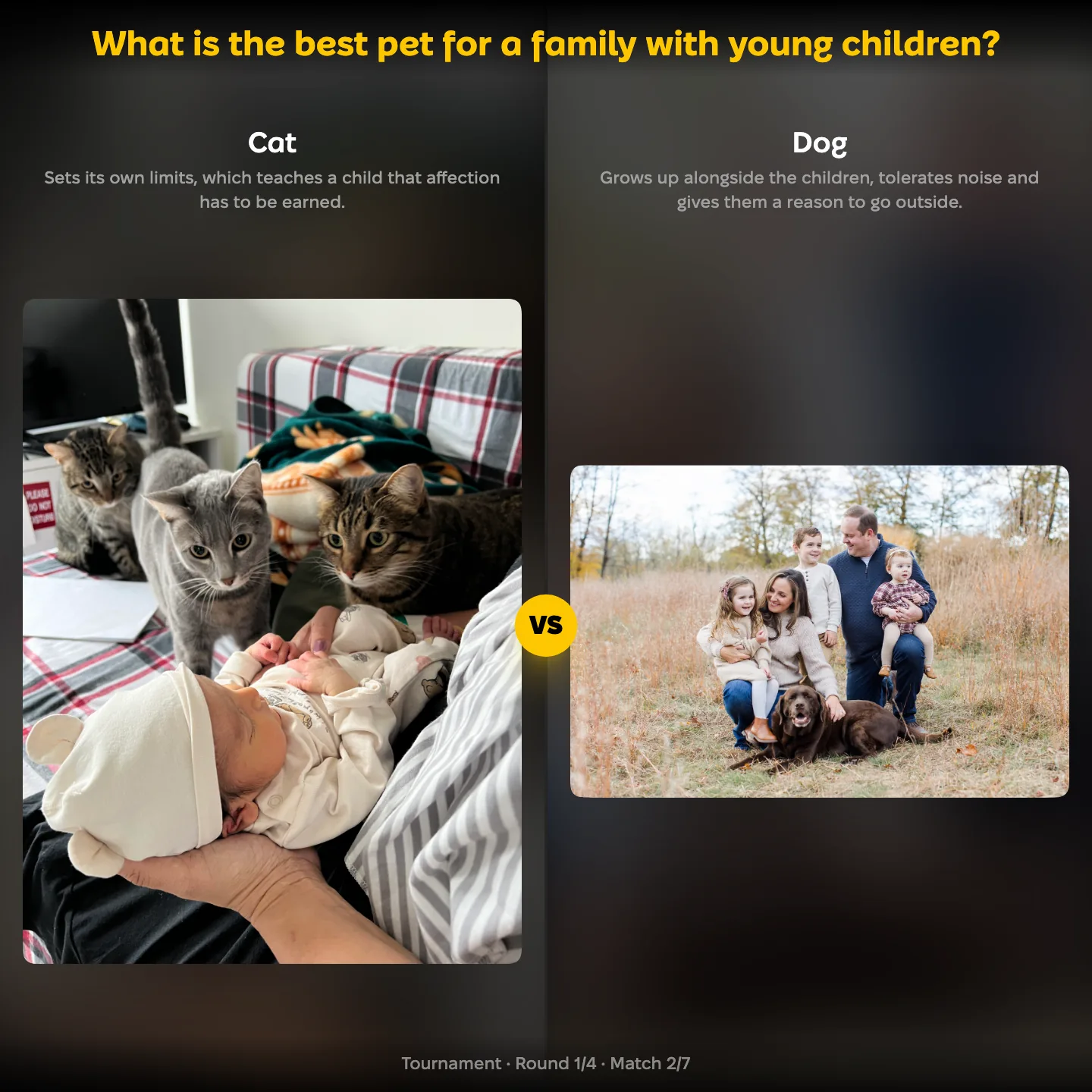 The best pet for a family with young children ranking, with Cat against Dog