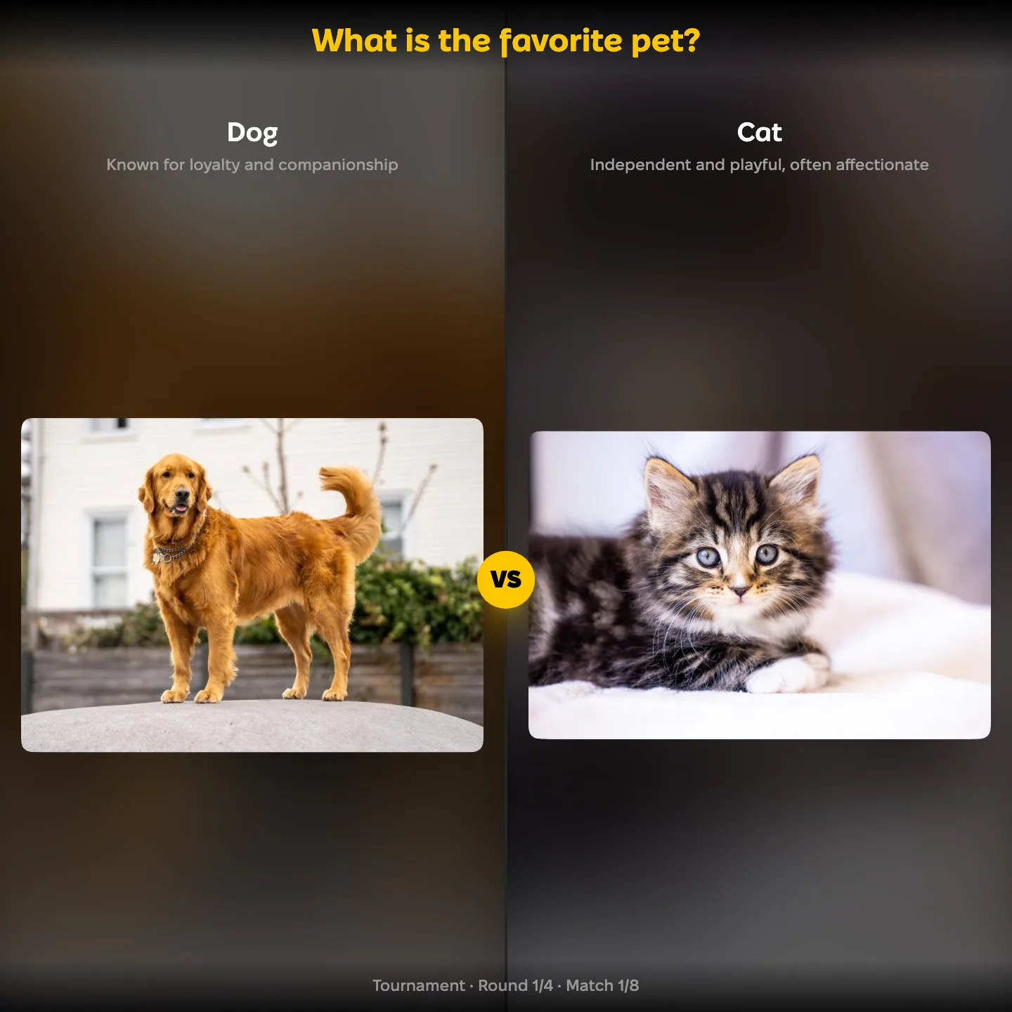 The favorite pet ranking on YouPickBest, showing Dog against Cat