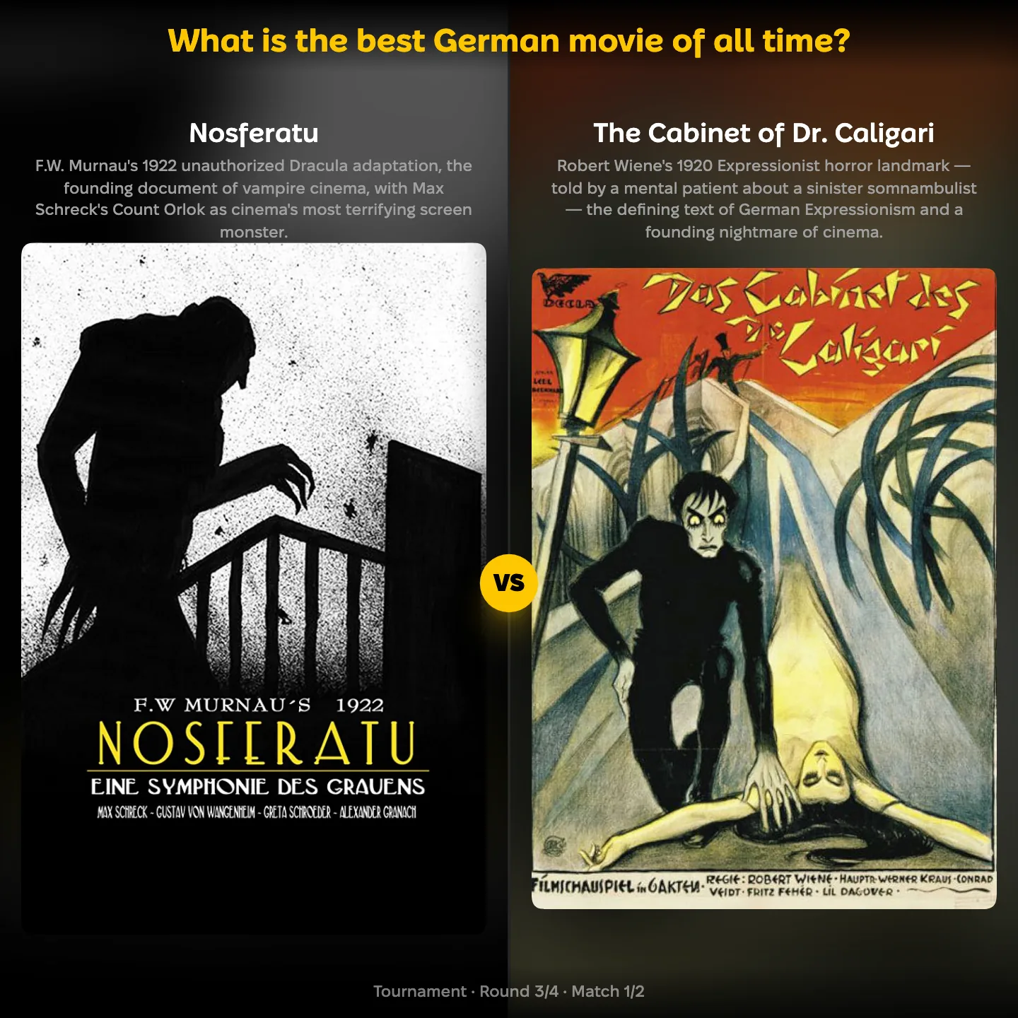 The ranking "What is the best German movie of all time?" showing Nosferatu against The Cabinet of Dr. Caligari