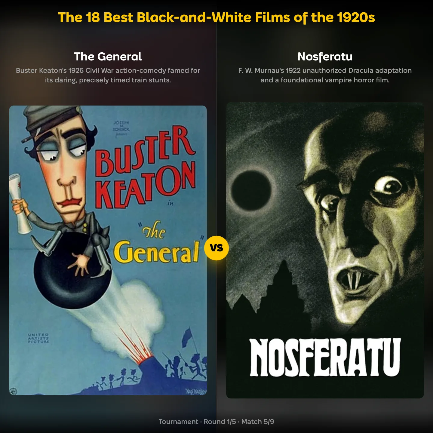 The ranking "The 18 Best Black-and-White Films of the 1920s" showing The General against Nosferatu