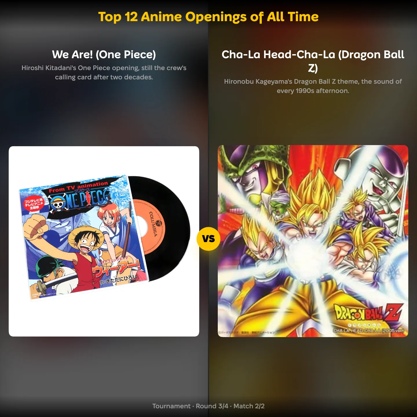 The best anime openings of all time ranked, with We Are! from One Piece against Cha-La Head-Cha-La from Dragon Ball Z