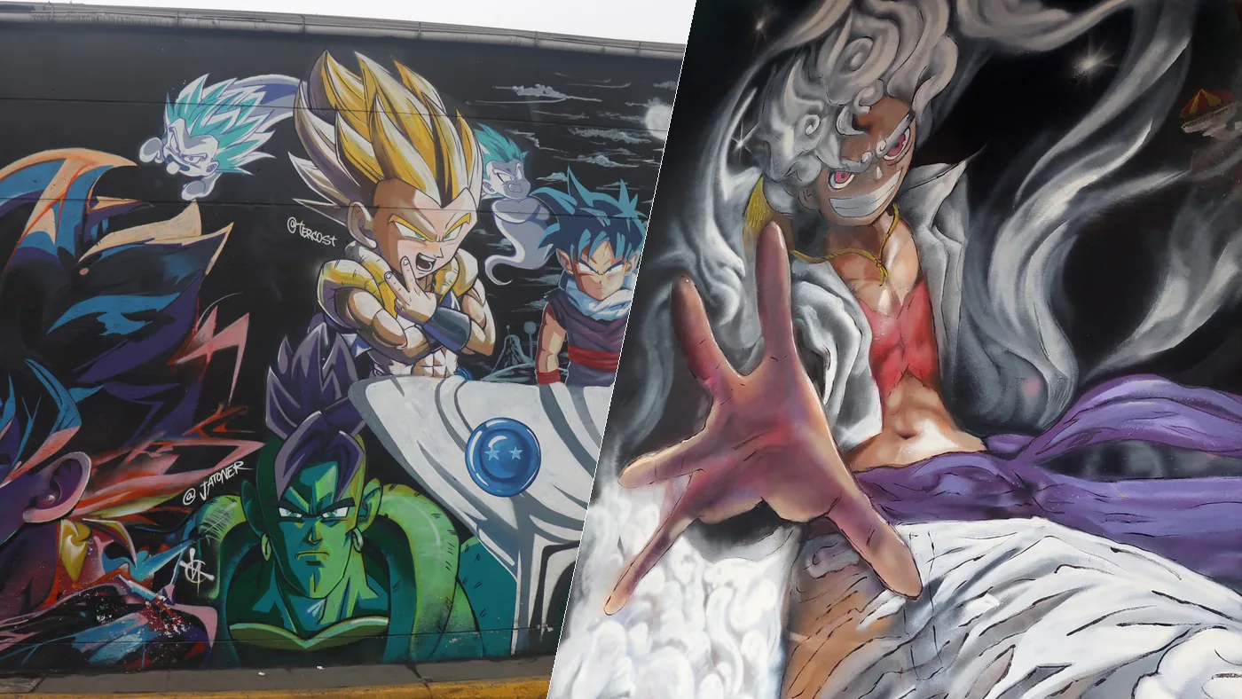 Street murals of Dragon Ball and One Piece side by side, in Lima and Mexico City