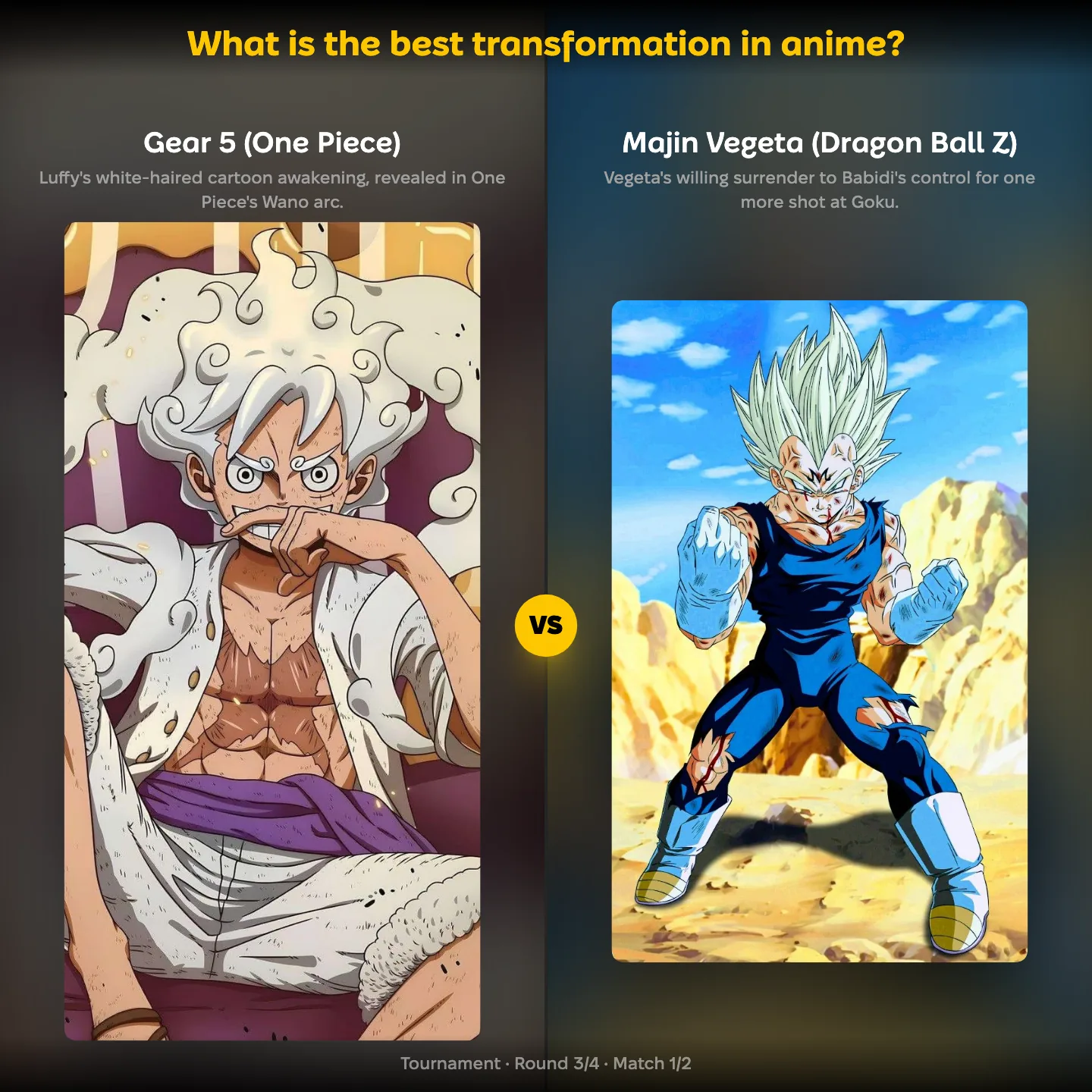 The best transformation in anime ranked, with Gear 5 from One Piece against Majin Vegeta from Dragon Ball Z