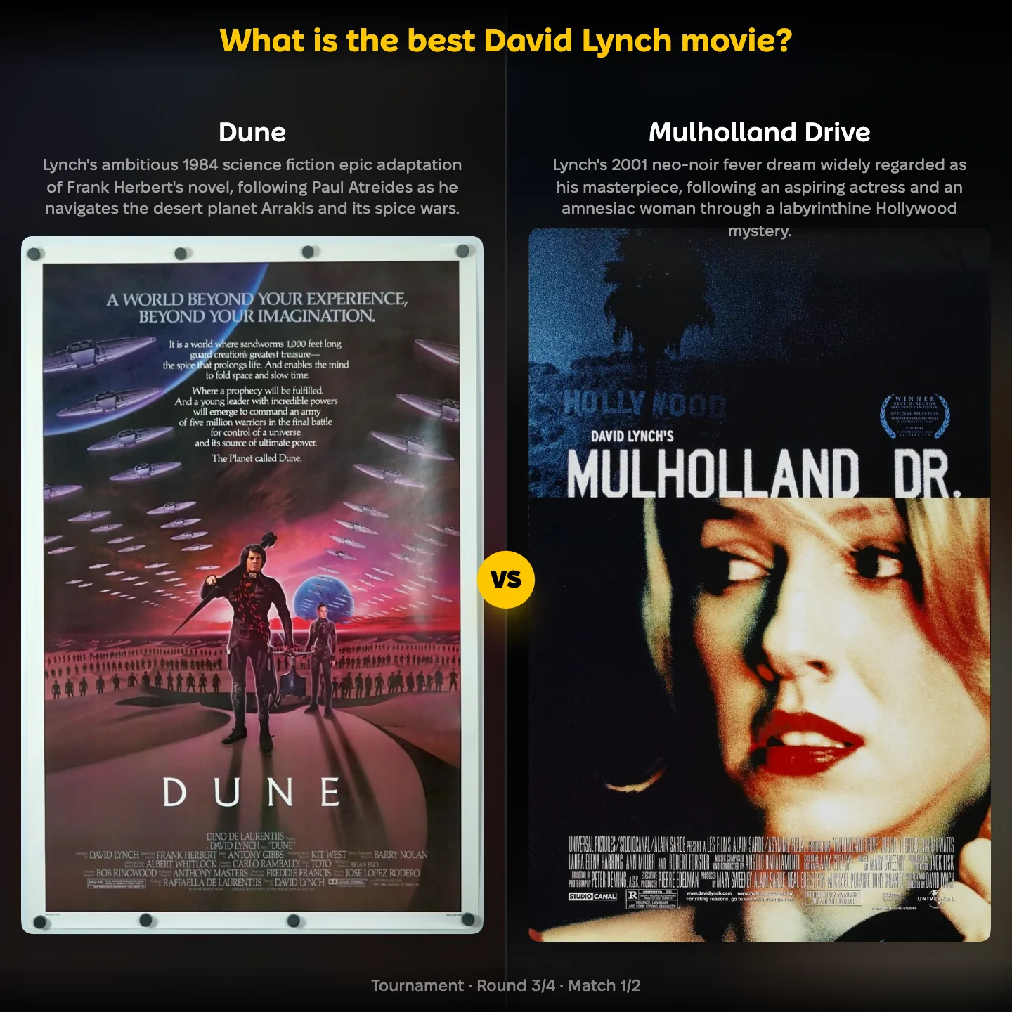 The best David Lynch movie ranked, with Dune (1984) against Mulholland Drive