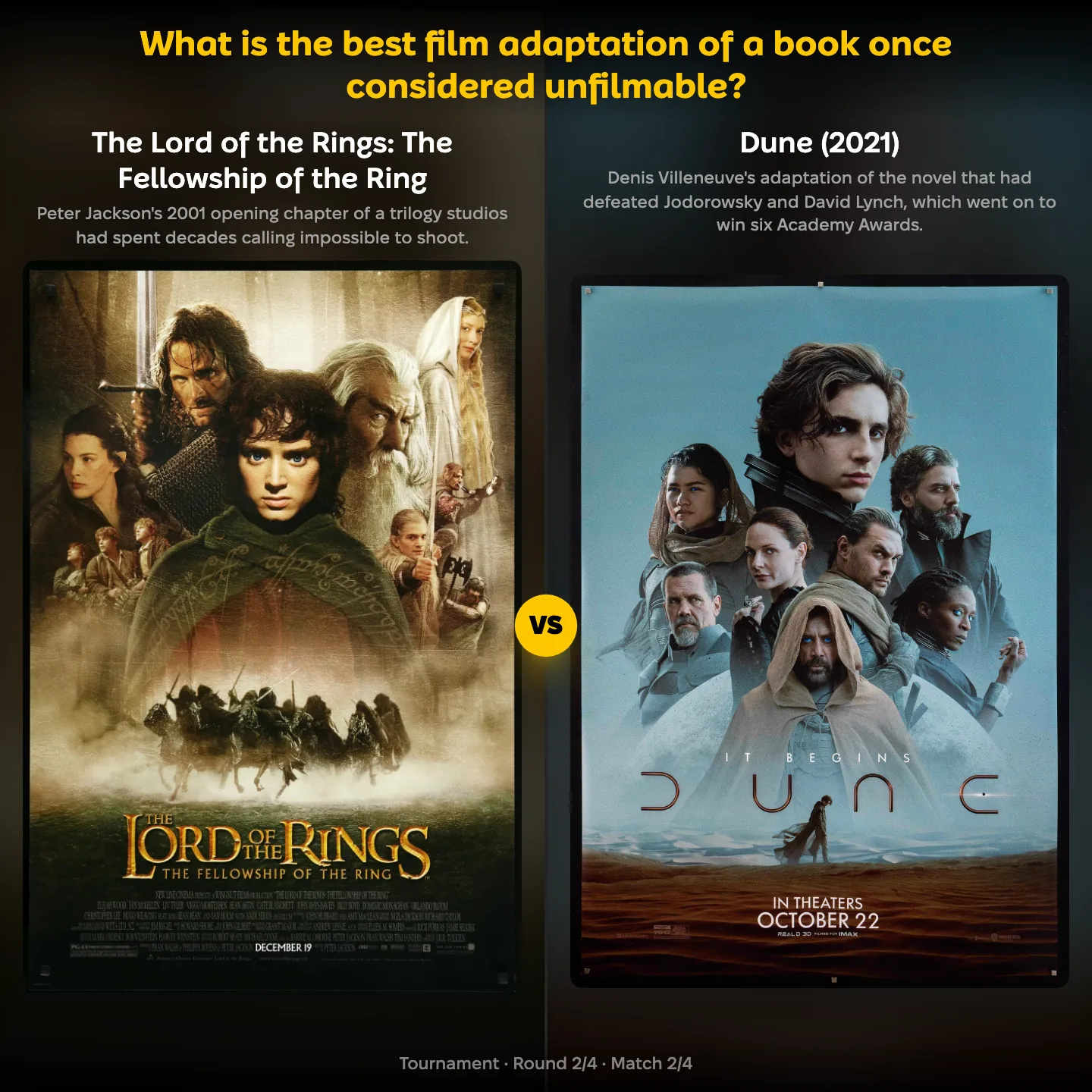 The best film adaptation of a book once considered unfilmable, with The Fellowship of the Ring against Dune (2021)